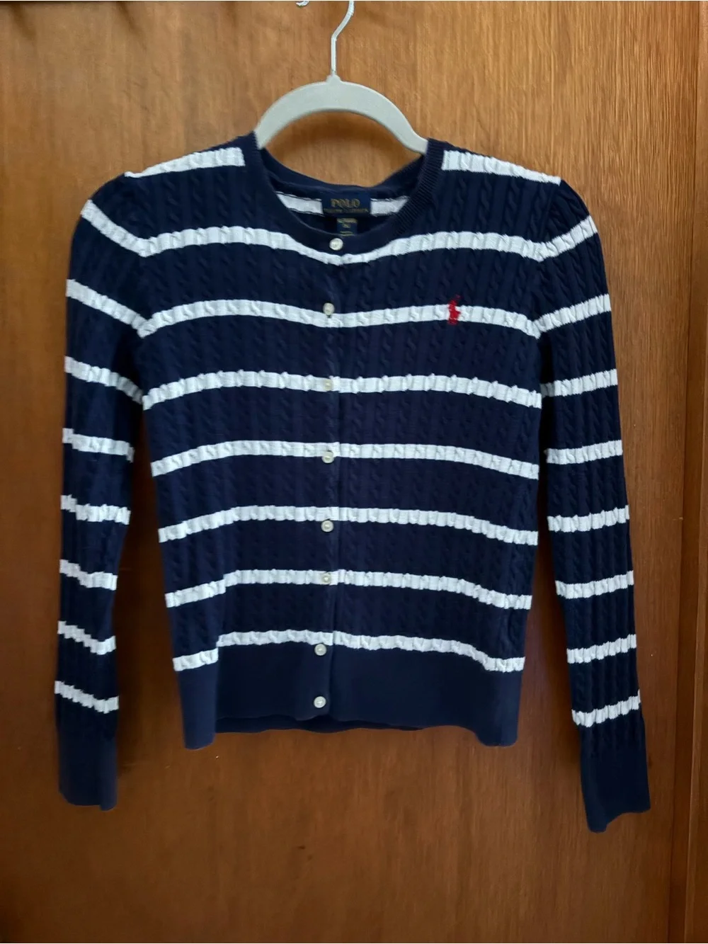 POLO RALPH LAUREN Girls sz XL 14-16 Cable Knit Cardigan Navy Blue White Striped - Picture 1 of 10